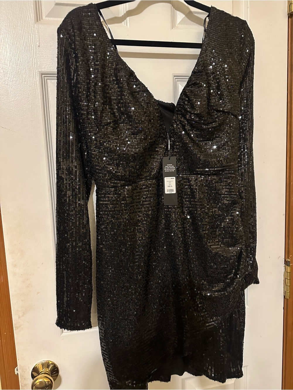 Fashion Nova Black Sequin Long Sleeve V-Neck Dress